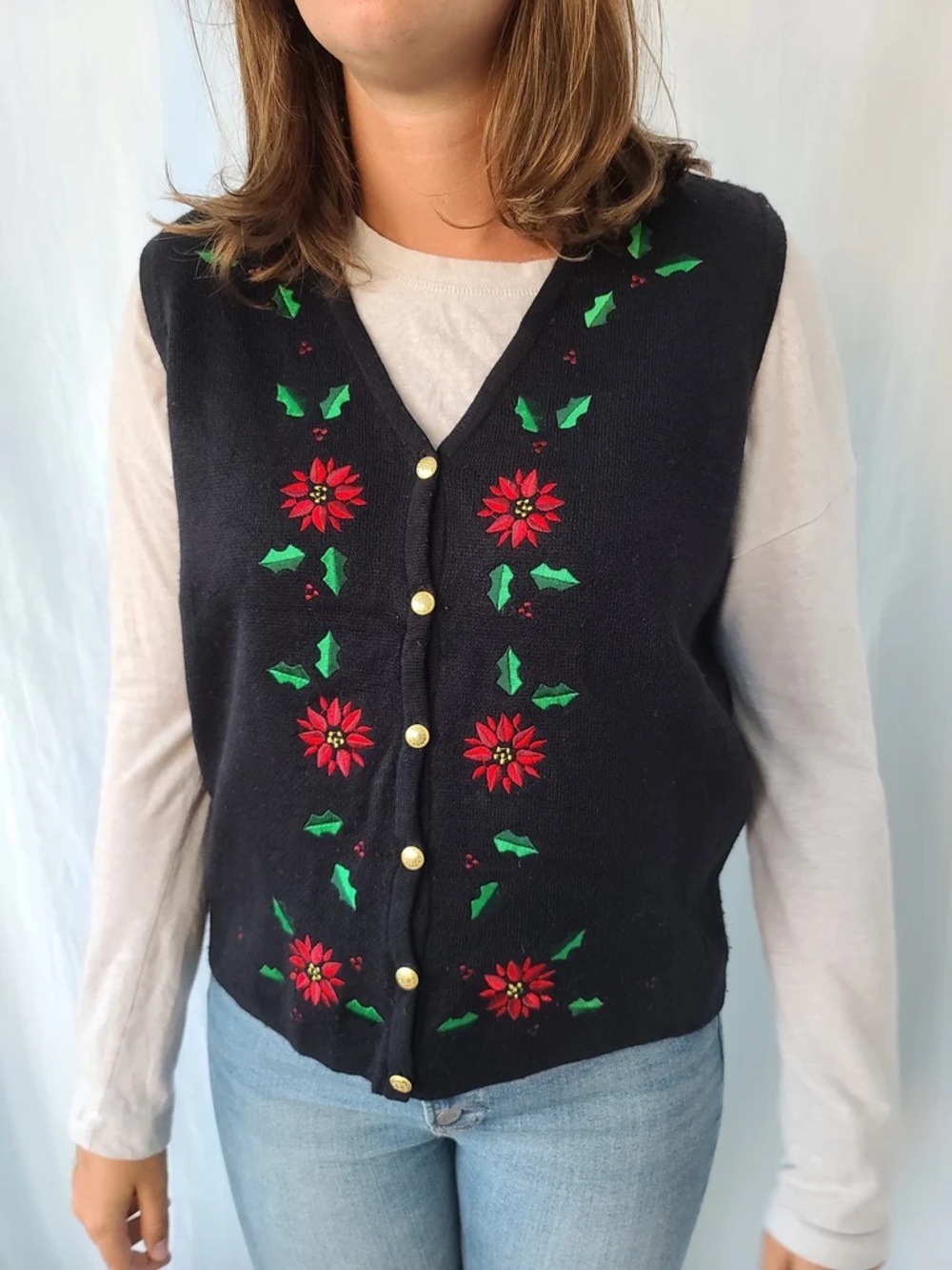 Vintage croft & barrow Black Poinsettia Button-Up Sweater Vest